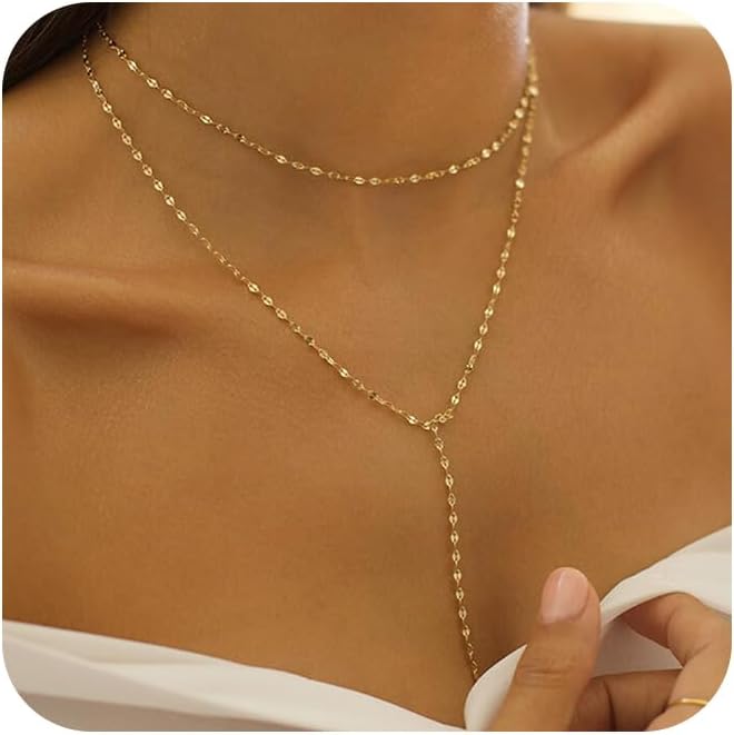 Treasure Bender Lariat Gold Necklace for Women Dainty Long 14K Gold Plated Y-Shaped Body Chain Choker Necklace Trendy Non Tarnish Pendant Simple Layered Necklaces Gold Jewelry for Women Set Gift - Image 1